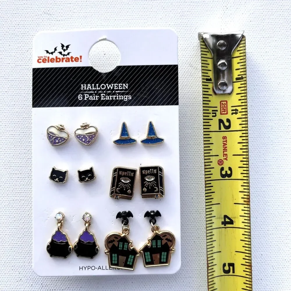 Way to Celebrate Halloween Motif Earrings, Multicolored, Goldtone, 6 Pairs